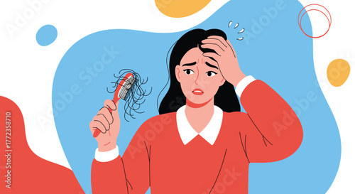 Distraught woman holds a hairbrush with a large amount of fallen hair, expressing deep concern and anxiety over her hair loss problem.