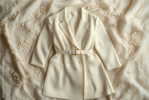 An ivory white formal long coat featuring a matching belt and refined button details.