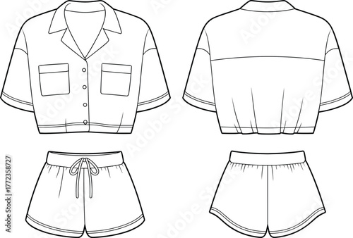 Women’s co-ord set flat sketch, short sleeve crop shirt and shorts fashion template, summer outfit technical drawing, apparel vector