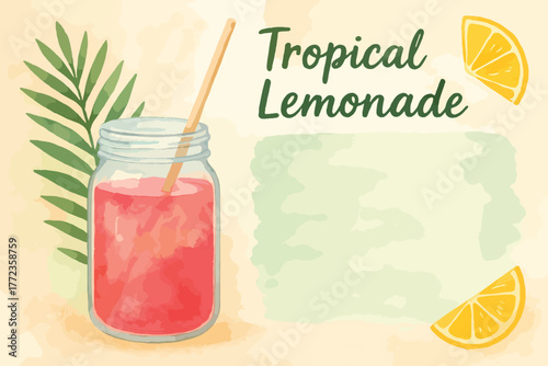 Vibrant watercolor illustration of tropical lemonade served in a mason jar with a straw, surrounded by palm leaves and citrus wedges for a fresh summer beverage scene.
