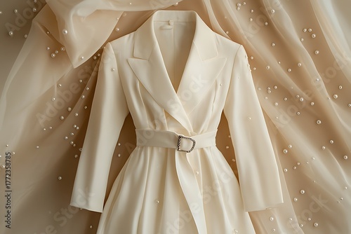 A formal ivory-white overcoat accentuated by a sleek belt and classic button design.


