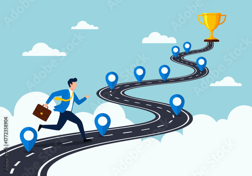Business Strategy Man Running on a Road to Achieve a Golden Trophy, Success and Development