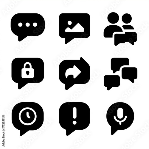 Black communication icons set: chat, file sharing, security, and notifications