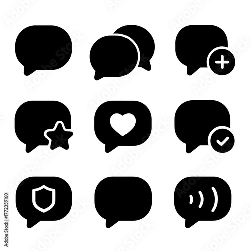 Black chat icons set with heart, star, and checkmark on gradient background