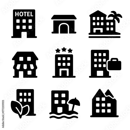 Hotel and accommodation icon set featuring various building types
