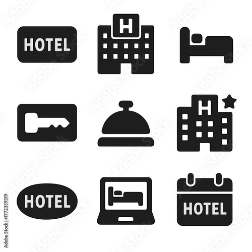 Hotel icons set: key, reception bell, bed, building, and online booking symbols