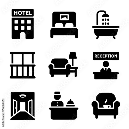 Hotel and reception icons set featuring bed, shower, and lounge symbols