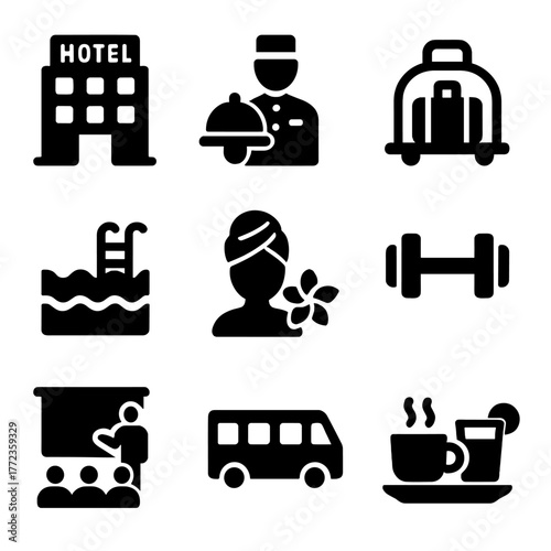 Hotel icon set featuring hospitality, spa, fitness, and travel services