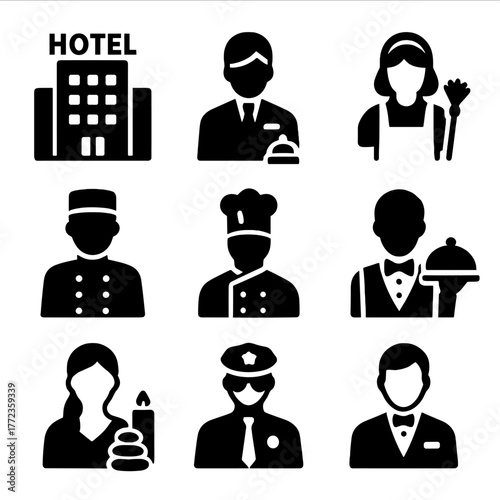 Hotel staff icons: concierge, chef, maid, and bellhop silhouettes