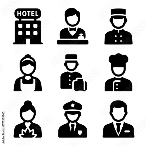 Hotel and staff icons featuring reception, chef, bellhop, maid, security, and concierge