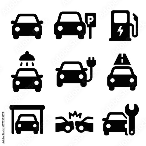 Automotive icons set: electric cars, charging, parking, repair, and maintenance