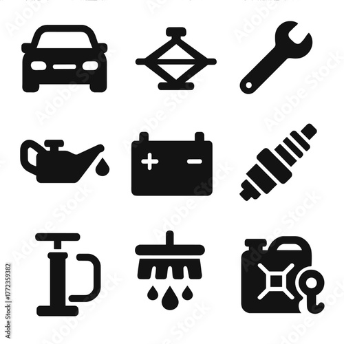 Black silhouette icons of automotive tools and parts on gray background