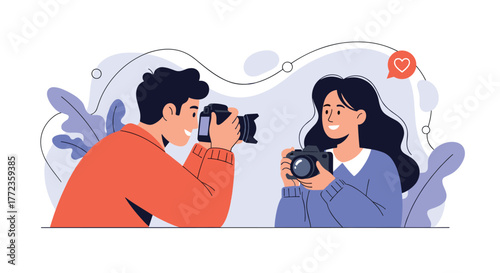 A smiling man and woman engaging in a fun photography session, each holding a camera to capture moments, surrounded by abstract creative elements.