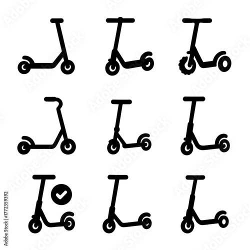 Set of nine electric scooter icons with various designs in black silhouette