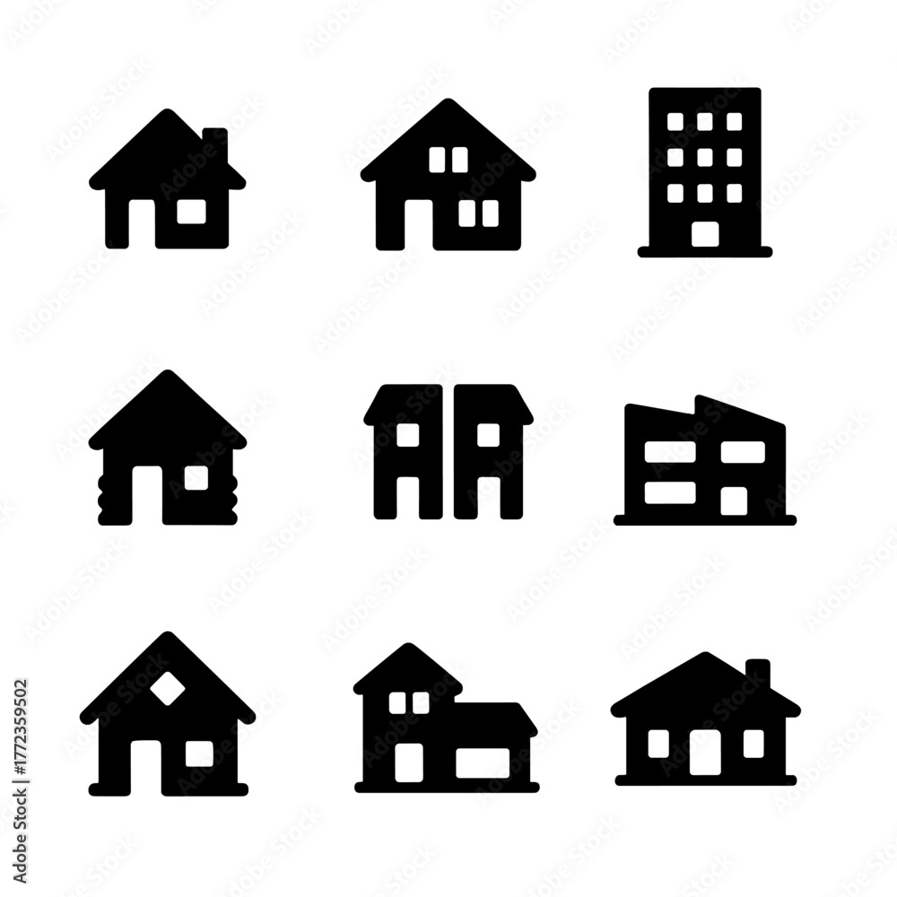 Fototapeta premium Collection of black silhouette building icons on gray background