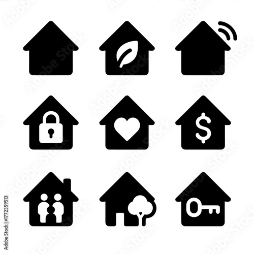 Home icon set featuring security, green energy, and family symbols