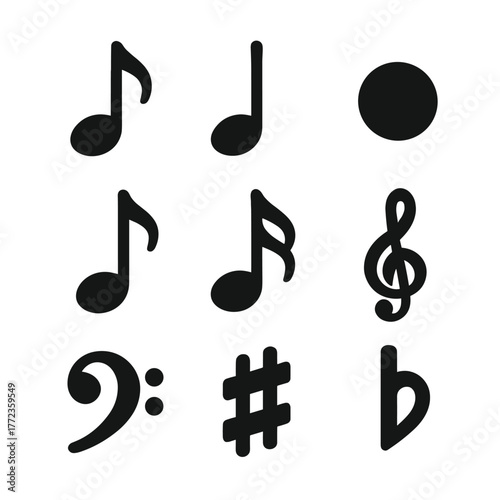 Musical symbols on dark background: clefs, notes, and accidental signs