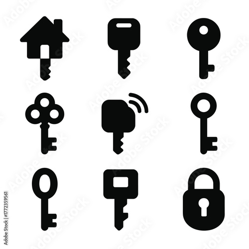 Diverse key icons and lock symbols in grid arrangement on dark background
