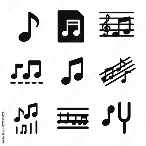 Set of musical icons featuring notes and sheet music designs