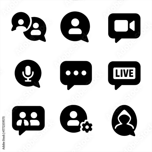 Communication icons: chat, video, audio, and live broadcast symbols