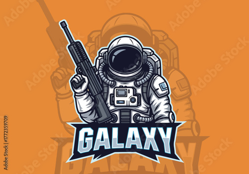 Astronaut gaming logo with rifle and galaxy text - Gaming logo - Gaming Mascot - esport mascot vector illustration