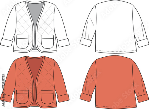 Women’s quilted open front jacket flat sketch, pocket coat fashion vector template, padded outerwear technical drawing for apparel design
