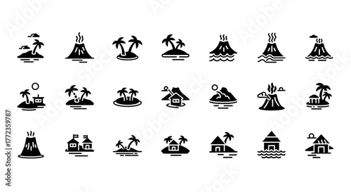 Monochrome glyph icon set featuring volcanic islands, tropical landscapes with palm trees, and exotic beach huts for travel concepts