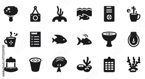 A diverse collection of solid glyph icons depicting aquatic life, nature, and cafe elements, perfect for creative design projects