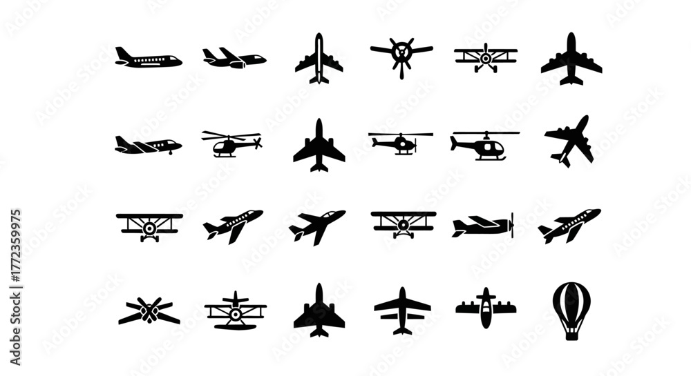 Naklejka premium Diverse set of black aircraft silhouettes. A collection of vector icons including airplanes, jets, helicopters, and a hot air balloon
