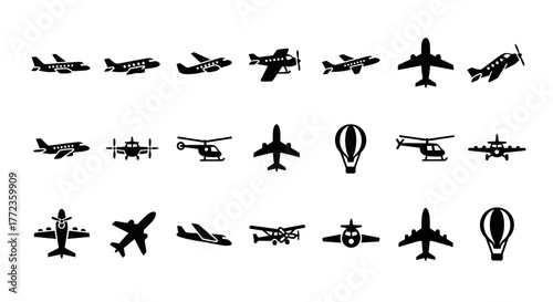 Ingenious collection of black silhouette icons depicting various aircraft such as planes and helicopters. Vector set for aviation and travel concepts