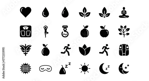 Wellness and healthy lifestyle solid glyph icon set collection. Includes symbols for fitness, nutrition, sleep, and meditation
