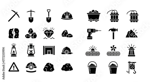 Mining industry solid icons collection, featuring tools like a pickaxe, coal, diamond, and dynamite. Vector glyph symbols set for industrial design