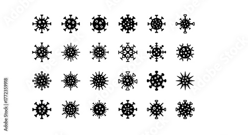 A collection of various black virus icons and pathogen symbols, a vector illustration set for medical and scientific design concepts