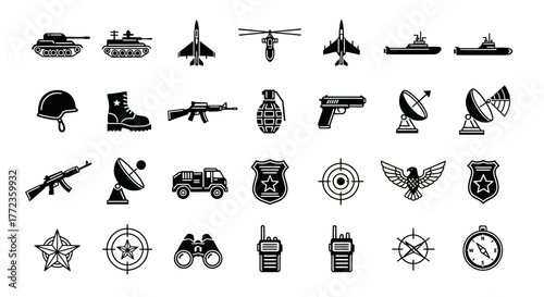 A collection of monochrome military and law enforcement icons, including army, navy, and air force symbols for graphic design projects