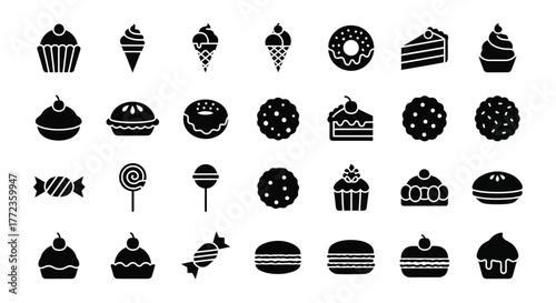 Set of solid black icons featuring desserts and sweets. Simple silhouette vector graphics of cake, candy, ice cream, and pastry for web and print