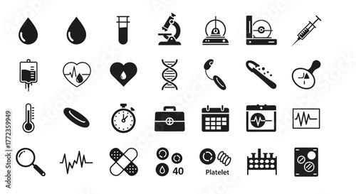 Hematology and laboratory analysis icon set. Vector glyphs for blood donation, dna research, and medical diagnostics
