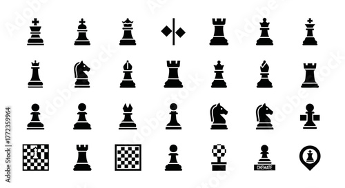 Vector icon set of classic chess game pieces. A collection of black silhouettes representing strategic board game elements for design