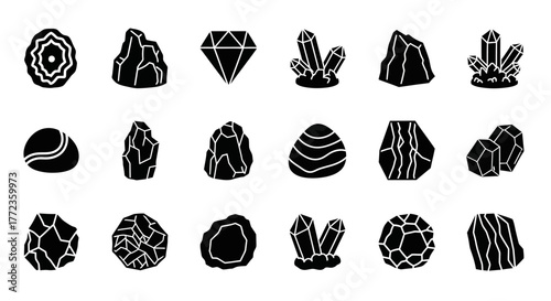 A solid glyph icon set of precious gemstones, crystals, and raw minerals for geology or jewelry design