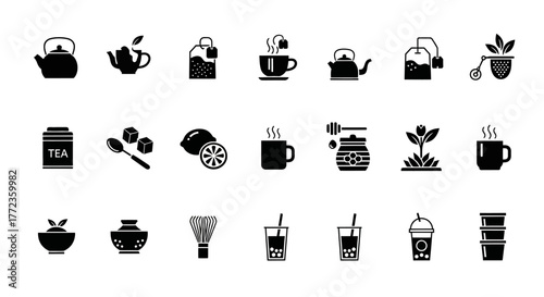A comprehensive set of solid glyph icons for tea culture, showcasing teapots, hot beverages, iced drinks, and brewing accessories
