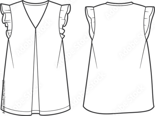 Women’s ruffle sleeve blouse flat sketch, V-neck loose fit top with flounce armhole detail, fashion vector technical design