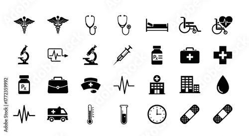 Simple black silhouette medical icon collection. A versatile kufu vector set featuring healthcare, hospital, and emergency symbols for design