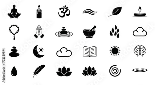 Mindfulness and Zen spirituality icon set featuring yoga poses, nature elements, and meditation symbols
