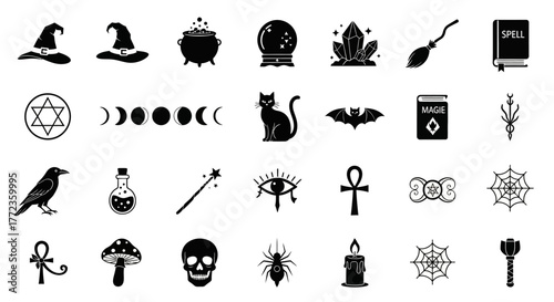 A collection of black glyph icons representing witchcraft, magic, and occult themes for Halloween or esoteric designs