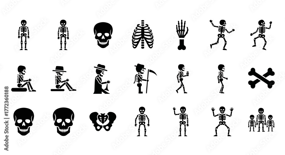 Fototapeta premium A comprehensive icon set of human skeletons and bones, featuring figures in various activities and isolated anatomical parts like the skull and ribs