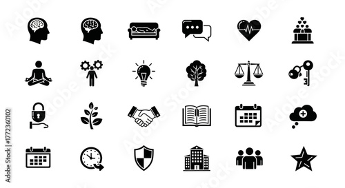 A versatile glyph icon set representing ingenuity in business, wellness, security, and digital innovation concepts