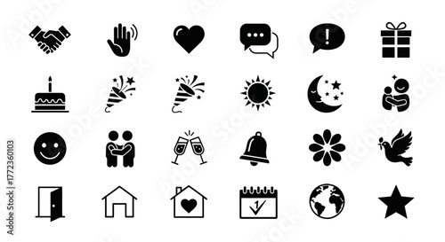 A versatile set of universal black glyph icons representing communication, celebration, relationships, and daily life symbols