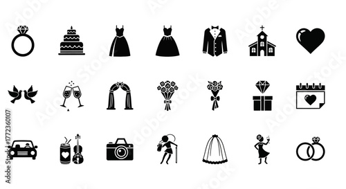 Set of black wedding icons in silhouette style, a vector collection of marriage and love symbols for design elements
