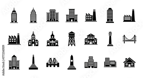 A versatile icon set of urban buildings and architectural landmarks. Creative vector silhouettes for cityscapes and real estate design projects