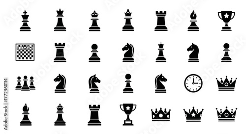 Collection of black silhouette chess icons with king, queen, and knight pieces. Vector set symbolizing strategy, intellect, and victory