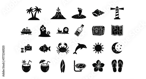 A comprehensive set of simple black glyph icons depicting tropical summer vacation, island life, and beach adventure themes
